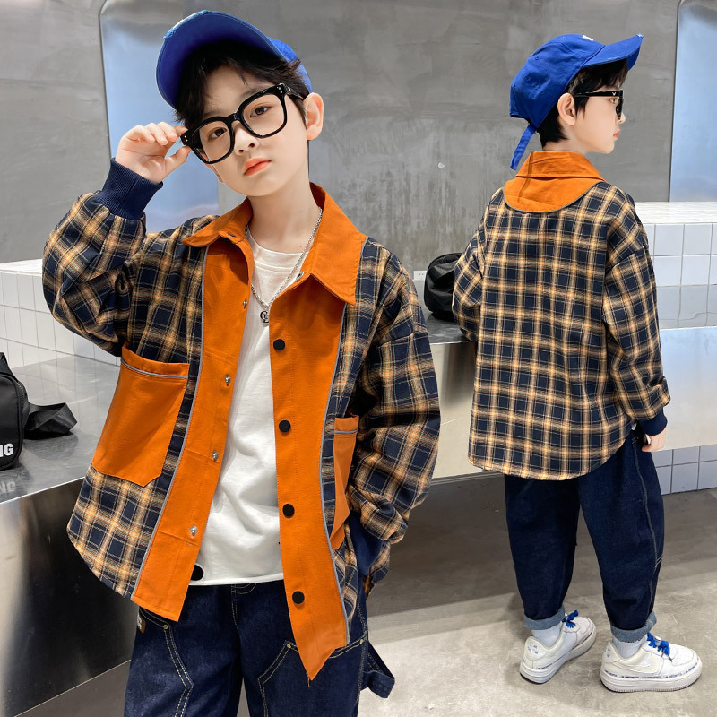 Camisa de manga larga para niños, ropa informal naranja para adolescentes, camisas a cuadros para escuela, Primavera, nueva , blusa para niños, prendas de vestir exteriores