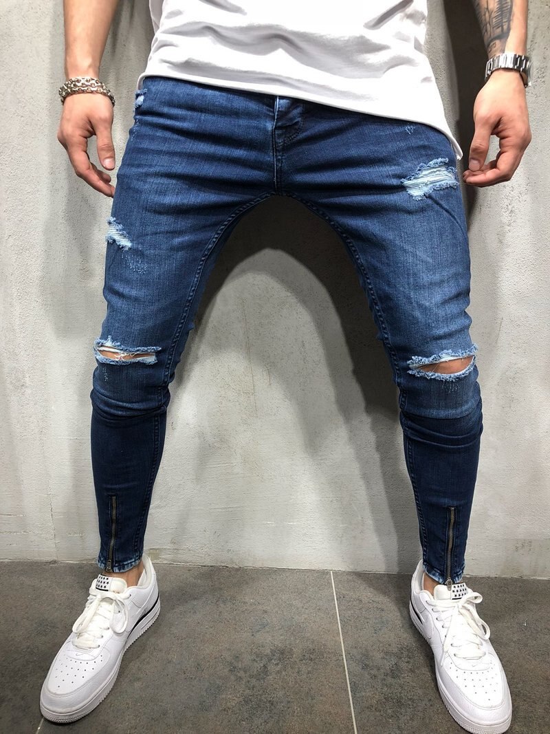Men blue Knee Ripped Skinny Jeans Streetwear distressed Destroyed Slim Elastic cowboy Hip-hop Hole Joggers Denim pants