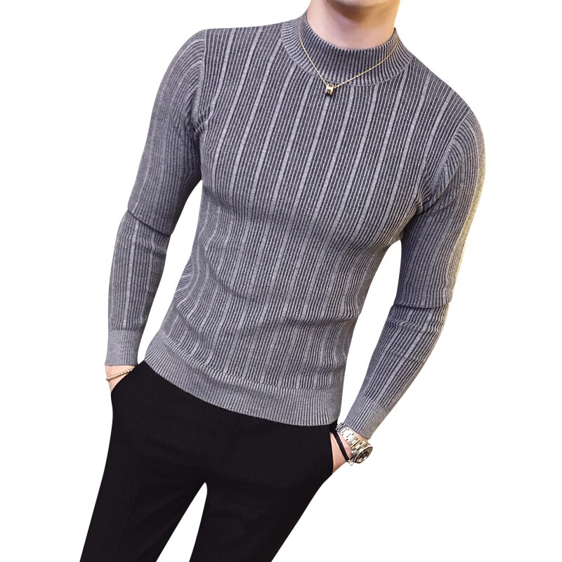 Herfst winter hoge kraag gestreepte trui boetiek effen kleur heren casual gebreide trui strakke herentrui
