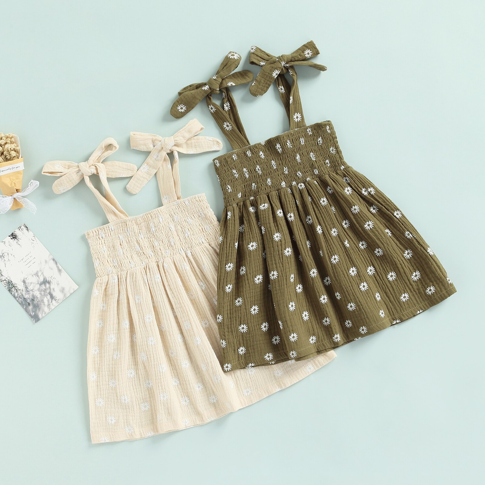 1-5Years Girls Casual Summer Dress, Floral Print Sleeveless Skirt with Tie-up Shoulder Straps Dresses