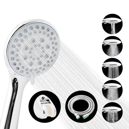 Five Function Adjustable Shower Head ABS Chrome Bathroom Bath Shower Water Saving High Pressure Round Shape Handheld Hose Nozzle: shower set