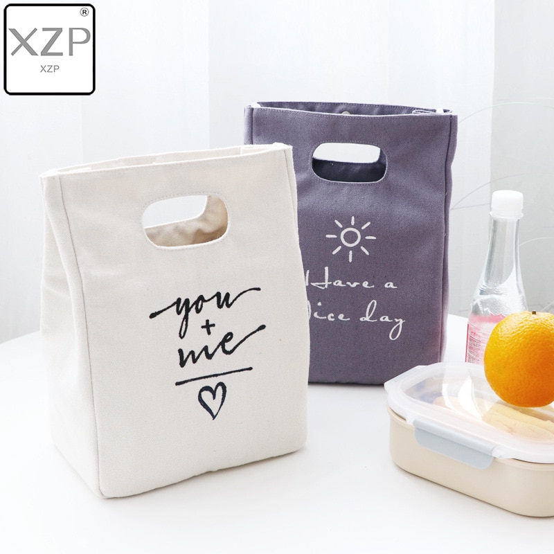 XZP Simple Canvas Lunch Bag Portable Meal Letter Cotton Linen Food Tote Pouch Bento Lunch Large Capacity Bag Storage Bags