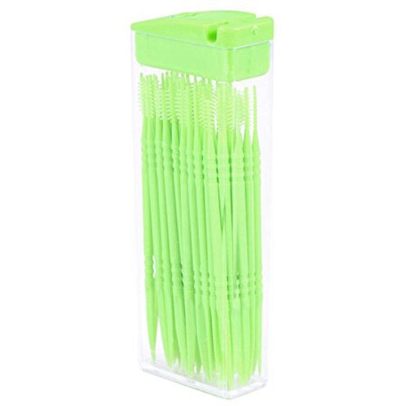 50 Pcs Plastic Toothpicks 2 Way Tooth Picks Inter Brush Cleaners Portable Box Ran Color