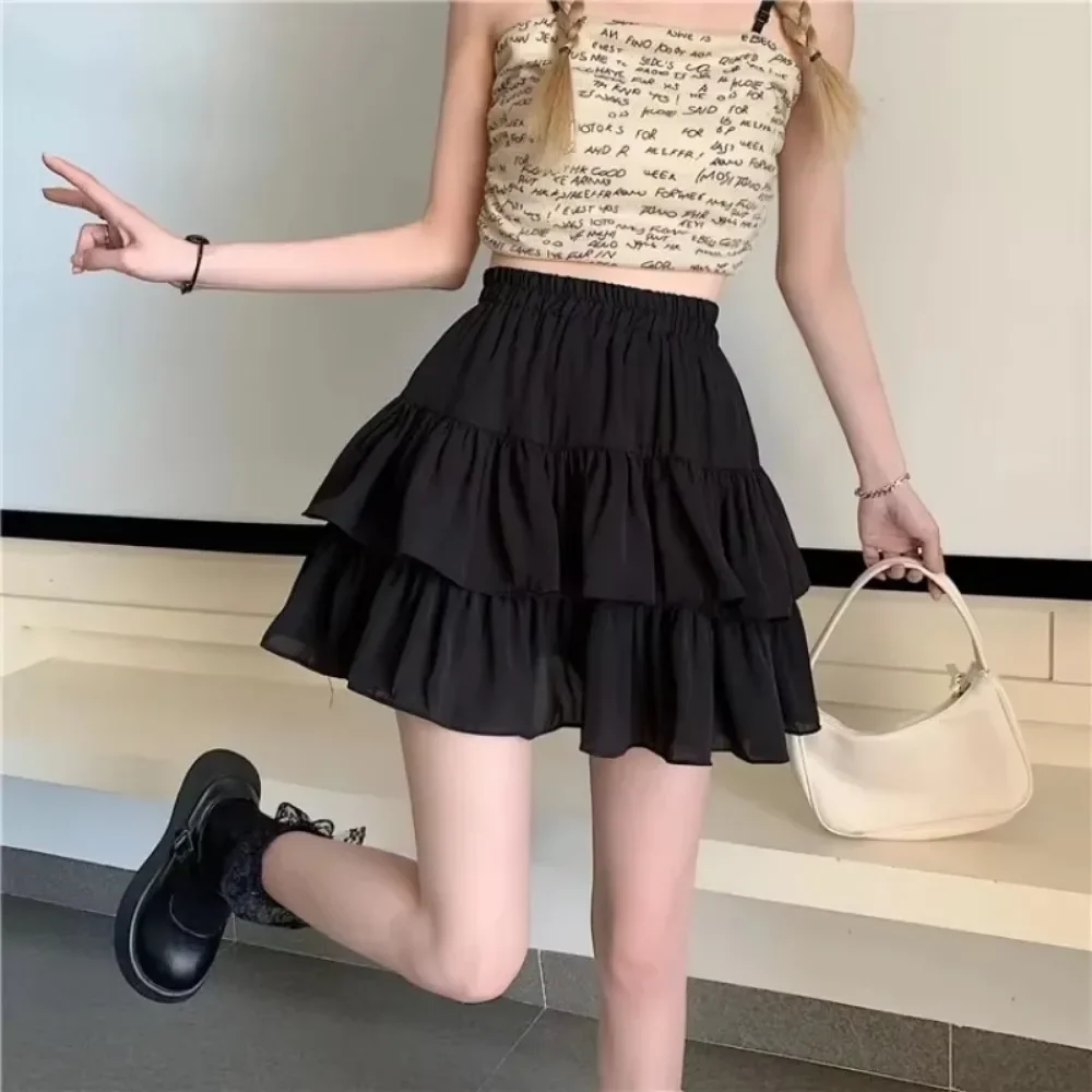 Sommer kawaii hvid flæsenederdel kvinder slim fit chiffon mini nederdele piger  y2k all match elastisk højtaljet sort faldas
