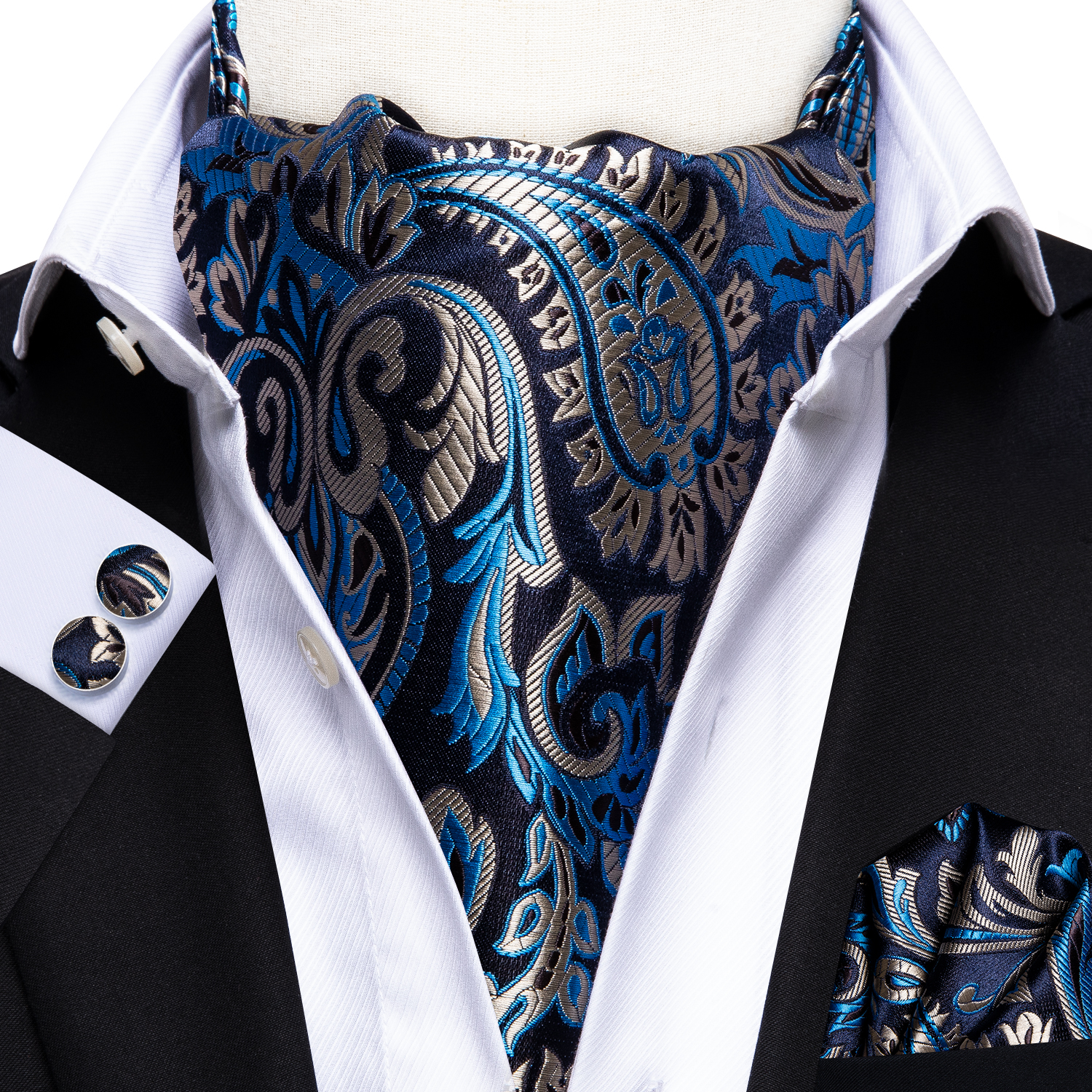 Hi-Tie Silk Mens Ascot Pocket Square Cufflinks Set Jacquard Paisley Floral Vintage Cravat Tie for Male Red Blue Green Gold Pink: CORAL RED