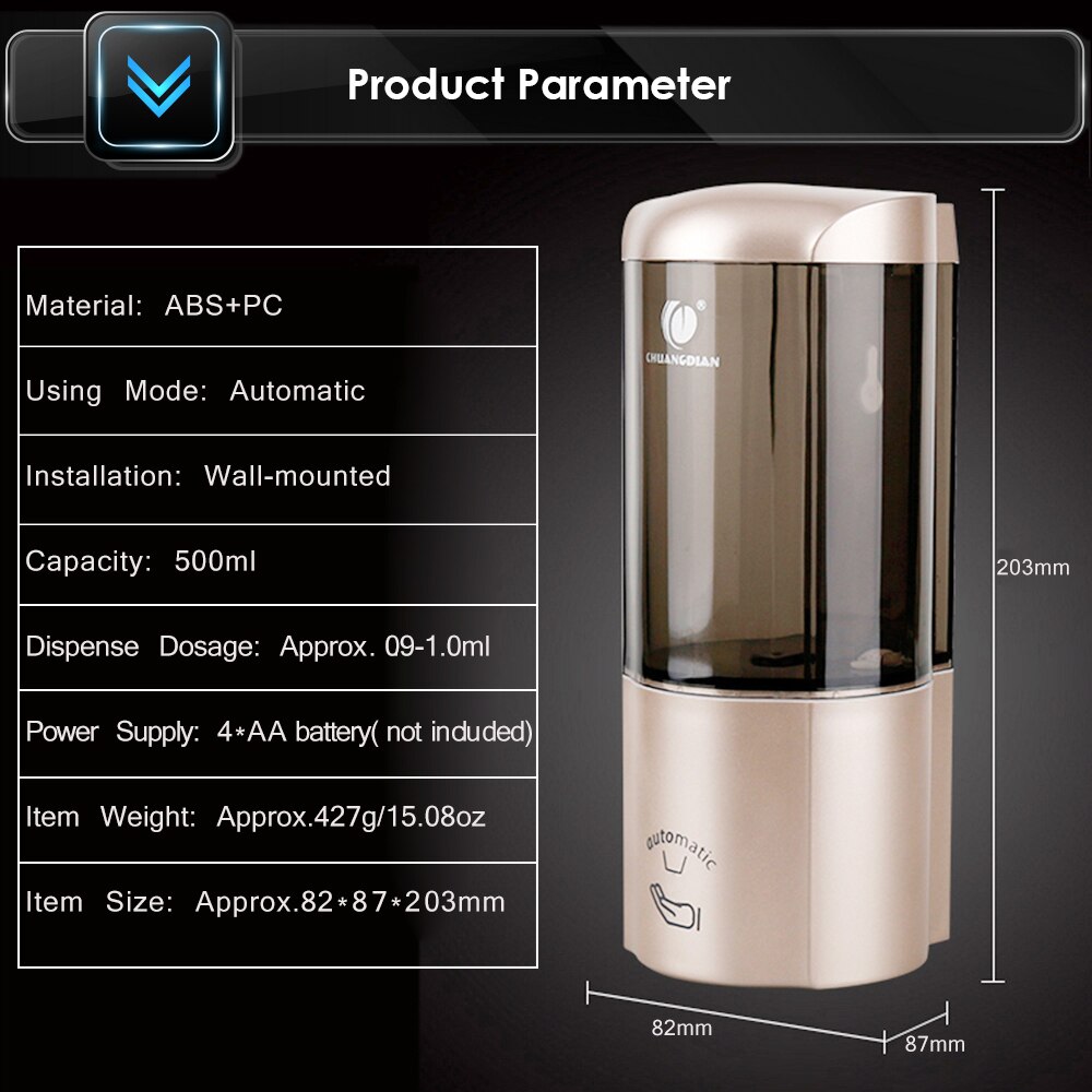 CHUANGDIAN 500ml Wall-mounted Single Bottle Automatic Soap Dispenser with IR Sensor Shampoo Box Non-touch Soap Dispenser