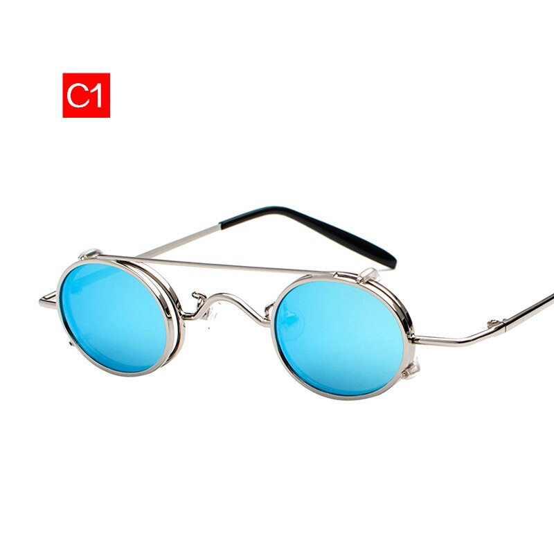 Oulylan kleine ronde steampunk zonnebril voor heren, retro vintage metal punk clip-on zonnebril voor heren, kleine ovale bril  uv400: C1