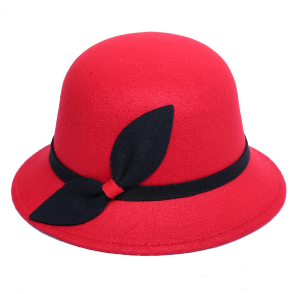 Hoeden Mode TopHat verkoop Fedora Chapeau Sombrero Mujer Vrouwen Faux Wol Emmer Hoeden Mode Bowler Cap Met Strik: Rood