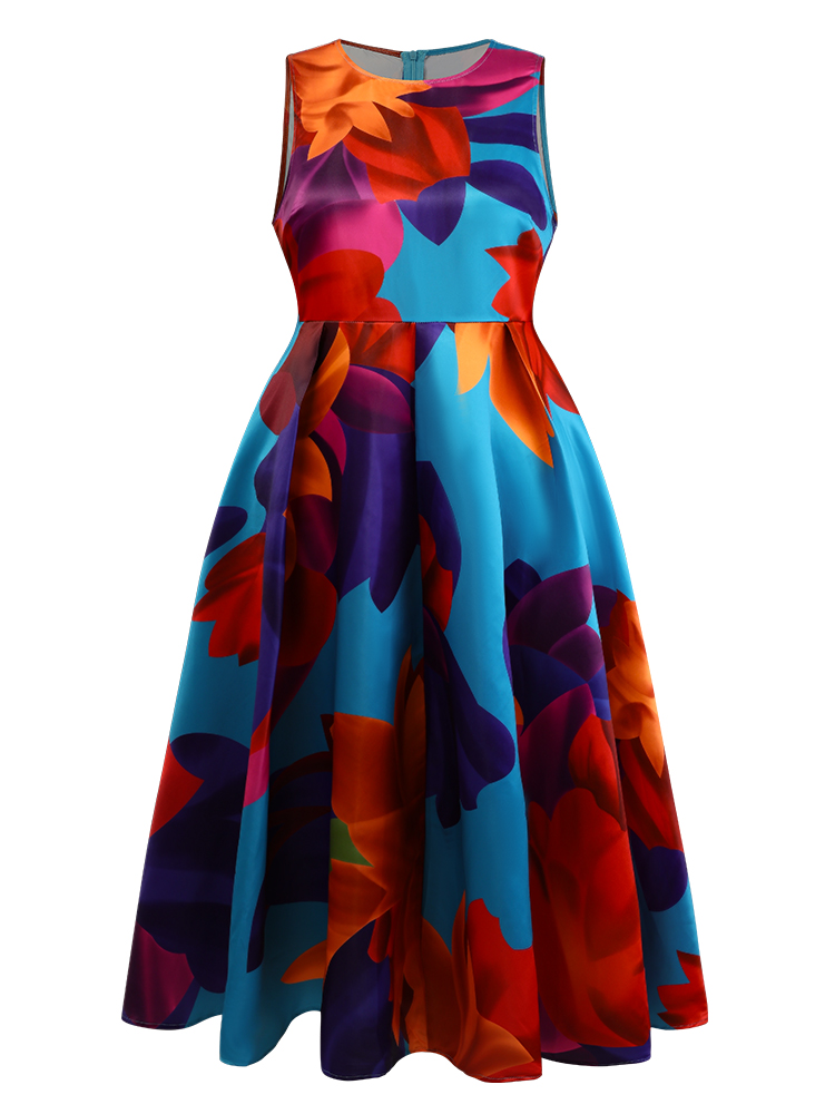 Grote maten damesjurk Mouwloos geplooid A-lijn Feestavond Maxi-jurken Bloemenprint Casual Vintage jurk met ronde hals: 0XL