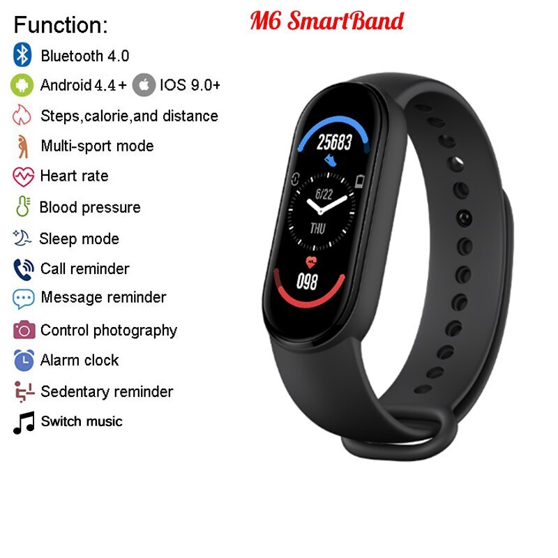 Montre connectée  m6 für männer und frauen, herzfrequenzmesser, arteriendruck, körperliche aktivität, uhr