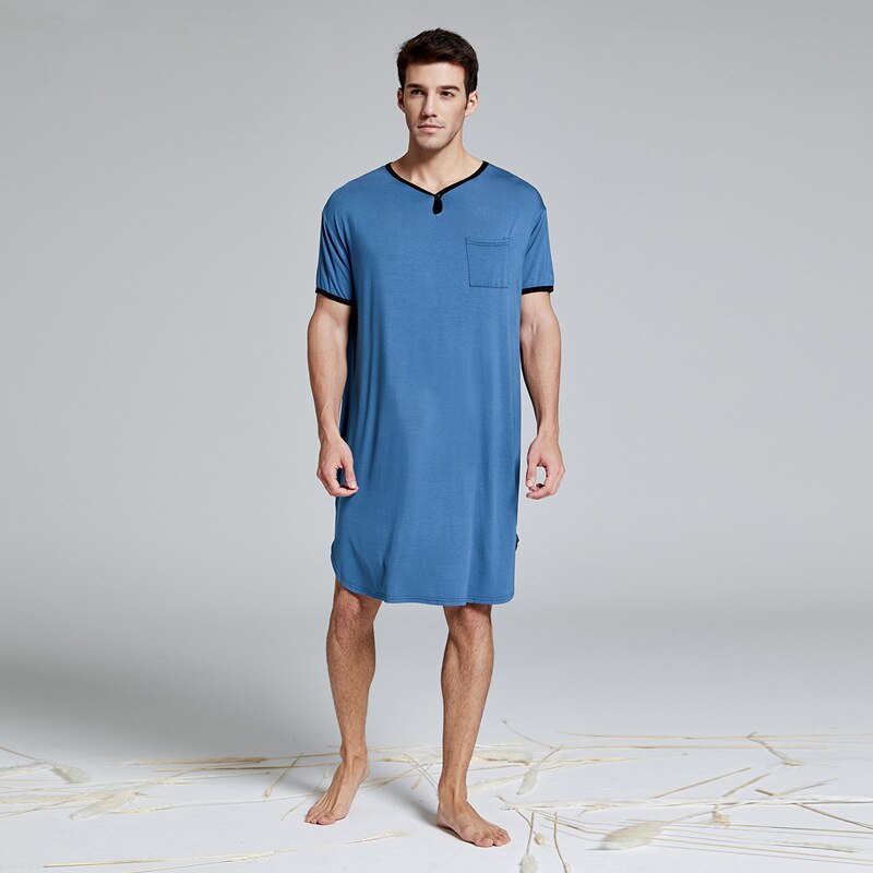 Mannen Pyjama Vintage Korte Mouw Katoen Gewaden V-hals Effen Kleur Nachtjapon Heren Badjassen Homewear M-3XL: blue / Xxxl