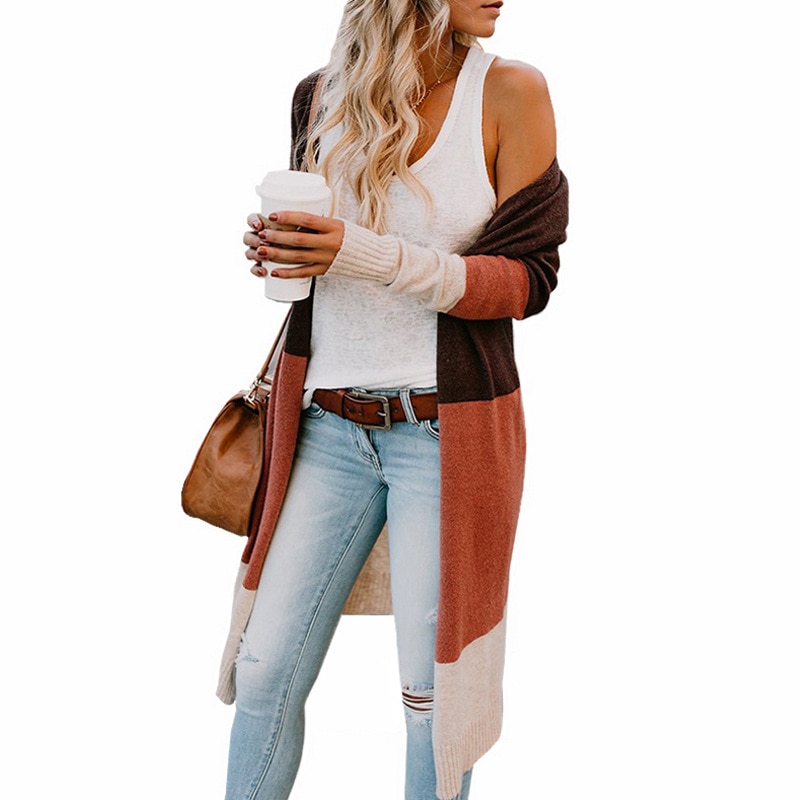 Ouvert Devant Trois Couleurs Bande Épissage Pull Long Cardigan Survêtement