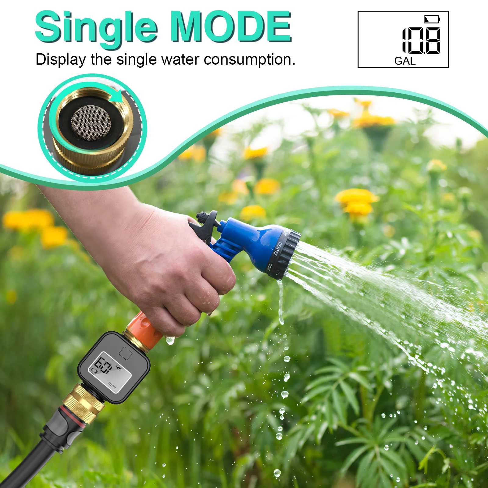 Digital Water Flow Meter High Accuracy IP6X Measure Water Consumption and Flow Rate for Outdoor Garden Watering Irrigation Hose
