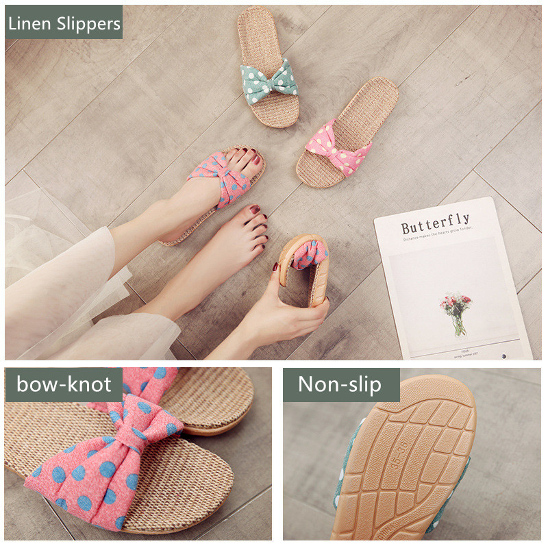 Suihyung Summer Home Shoes For Girls Polka Dot Bow Women Flax Slippers Indoor Casual Slides Floor Shoes Female Linen Flip Flops