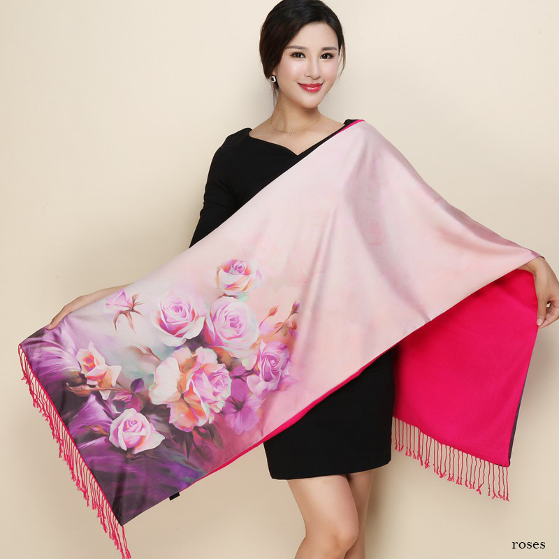 hiver Double côtés cachemire écharpe femmes long Pashmina Tippet femelle châles et Wrap Foulard femme floral foulards en soie: 9