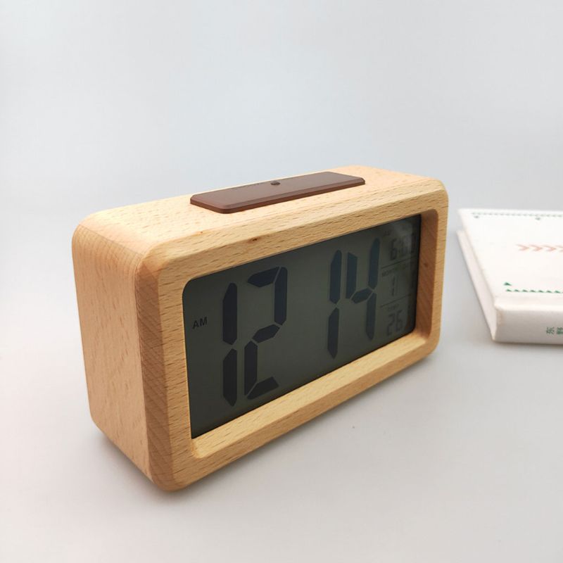 Easy Setting Wooden Digital Alarm Clock with Temperature, Date, Backlight, Snooze, for Bedroom, Bedside, Home, Office, N