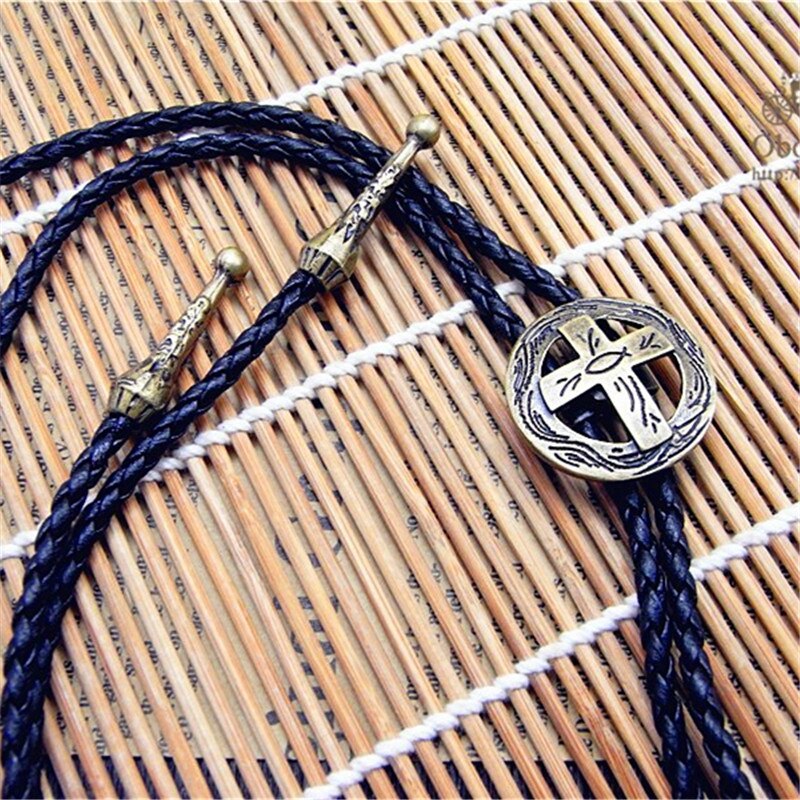 Bolo Tie Retro Overhemd Keten Poirot Led Touw Leer Cirkel Kruis Ketting Lange Tie Hang