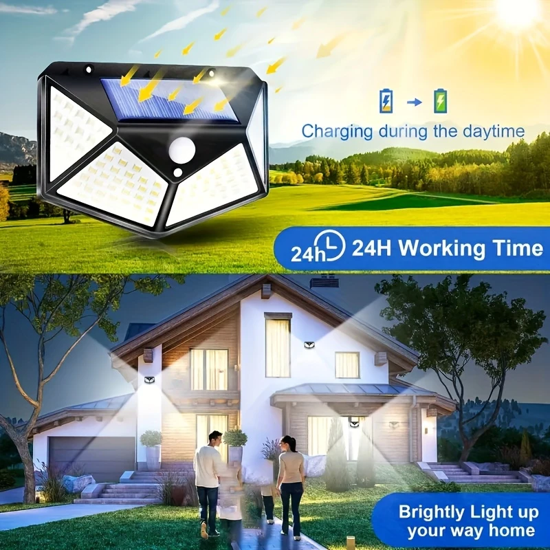 100 LED-wandlamp op zonne-energie met bewegingssensor LED-verlichting voor gebruik binnenshuis Automatische helderheidsaanpassing voor veranda-tuin