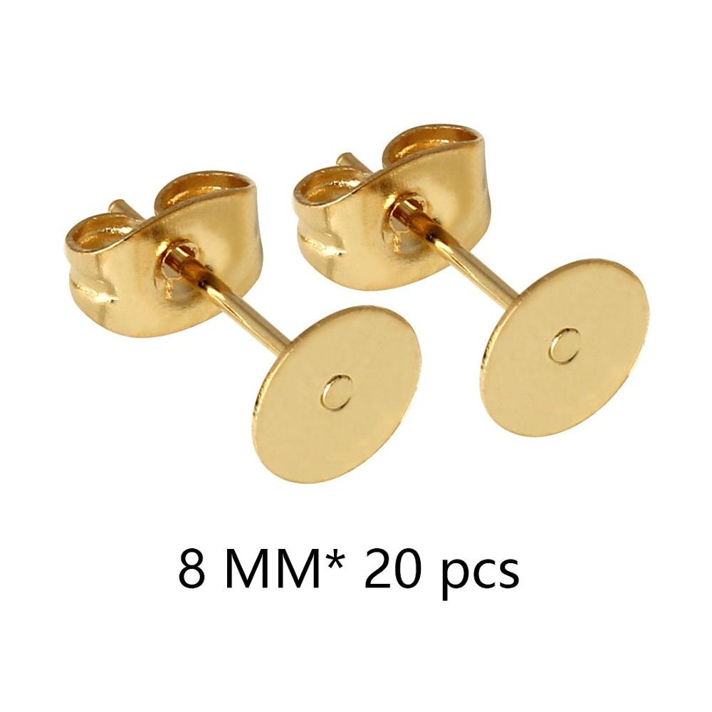 Lote de pendientes de poste de acero inoxidable blanco, 100 unidades, pasadores de Base con tapón para pendientes, reverso de oreja para joyería DIY, soporte de cabujón: 8mm X 20pcs