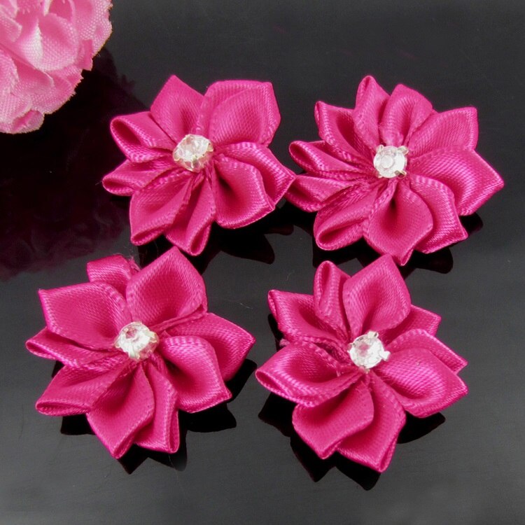 40Pcs Handmade Small Fabric Satin Flowers with Rhinestone Appliques Sewing Wedding Garment Accessories Flowers 2.8cm: Pink