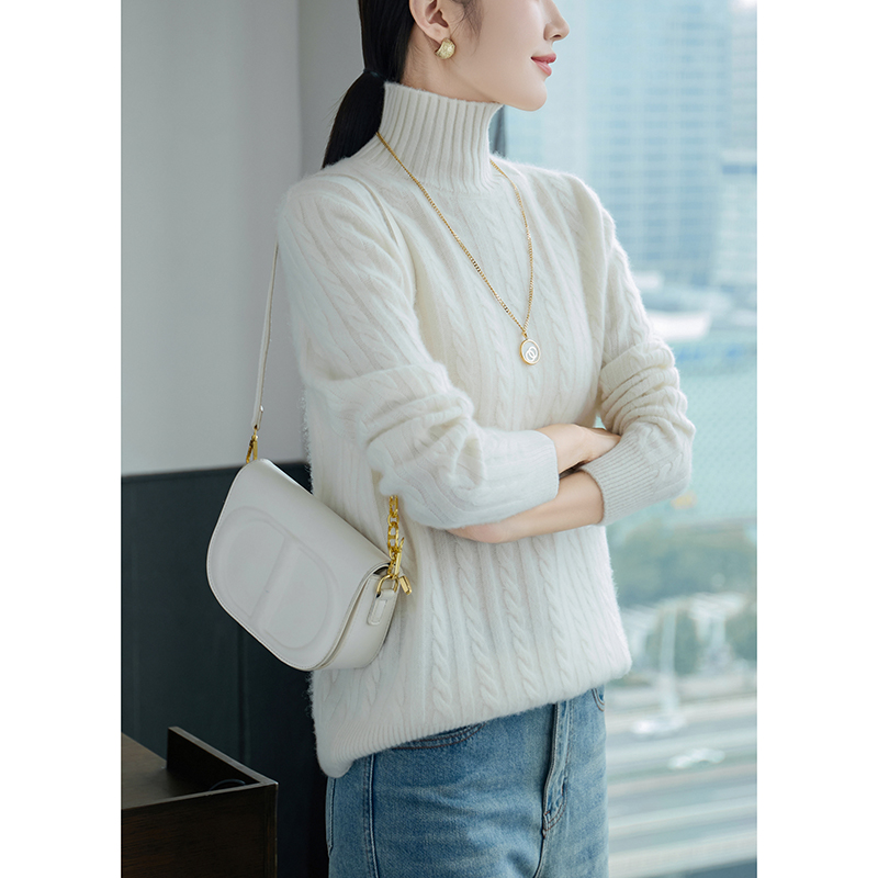 Camisa de fondo de lana pura 100% de Cuello medio alto para mujer, suéter de punto de lana acolchado suelto, otoño e invierno,: XXL / BLANCO