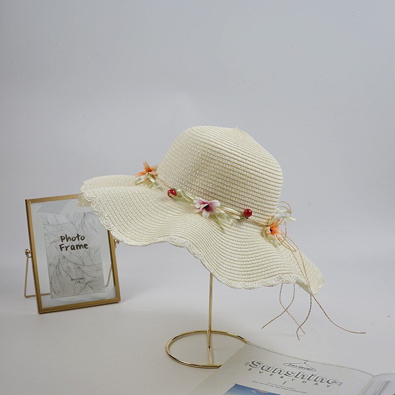 Sombrero de paja con flores para madre e hija, sombrero flexible de ala ancha para playa, verano,: MILKY WHITE
