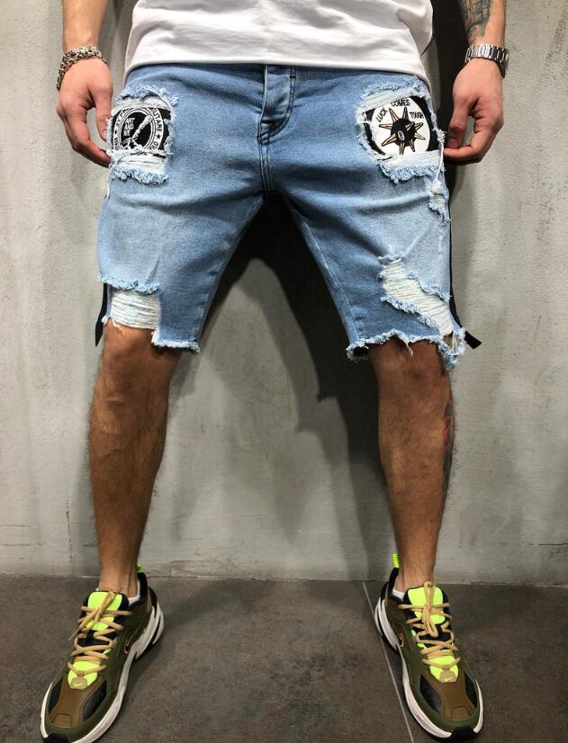 European size loose summer hole denim shorts Embroidered men's Jeans Shorts Hip-hop slim shorts Blue light blue S-3XL: Blue / XL