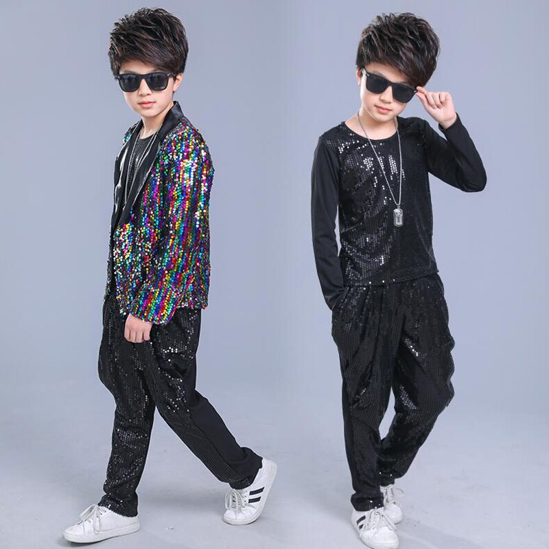 Kids Adult Sequined Pants Jacket Hip Hop Clothing Jazz Dance Costumes Suit Boys Carnival Stage wear Ballroom Dancing Outfits