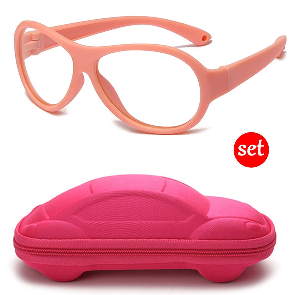 Longkeeper anti blåt lys børnebriller med bilformet brilleetui børn fleksibelt optisk stel eyeware dreng pige briller: Pink-pinkcase