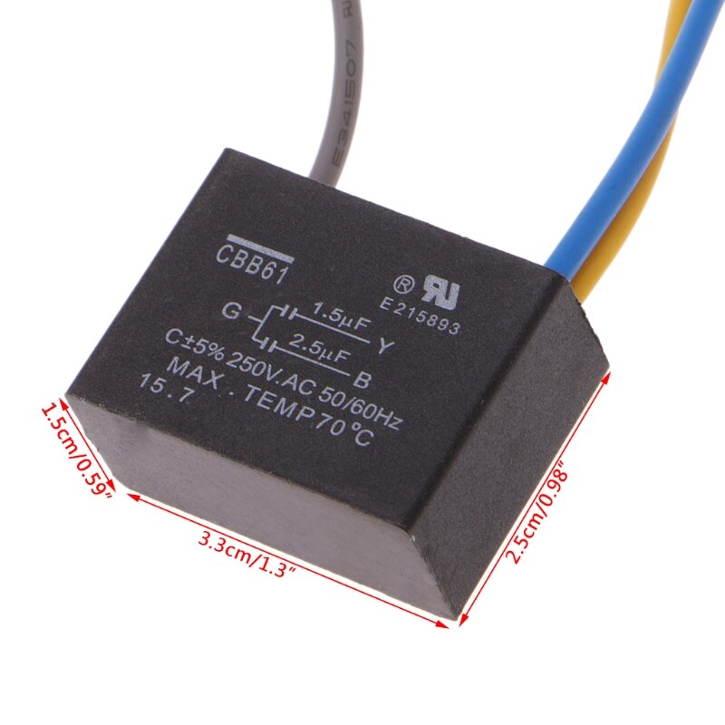 Condensador para ventilador de techo, negro, CBB61, 1,5 uF + 2,5 uF, 3 cables, CA, 250V, 50/60Hz, N1HF