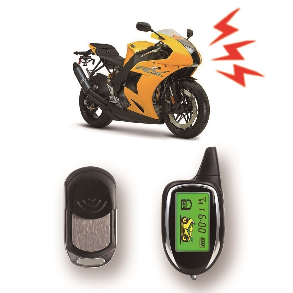 Twee manier Motorfiets Securiy Alarmsysteem met 1 LCD Zenders Afstandsbediening Motor Start en Shock Sensor en Bewegingssensor