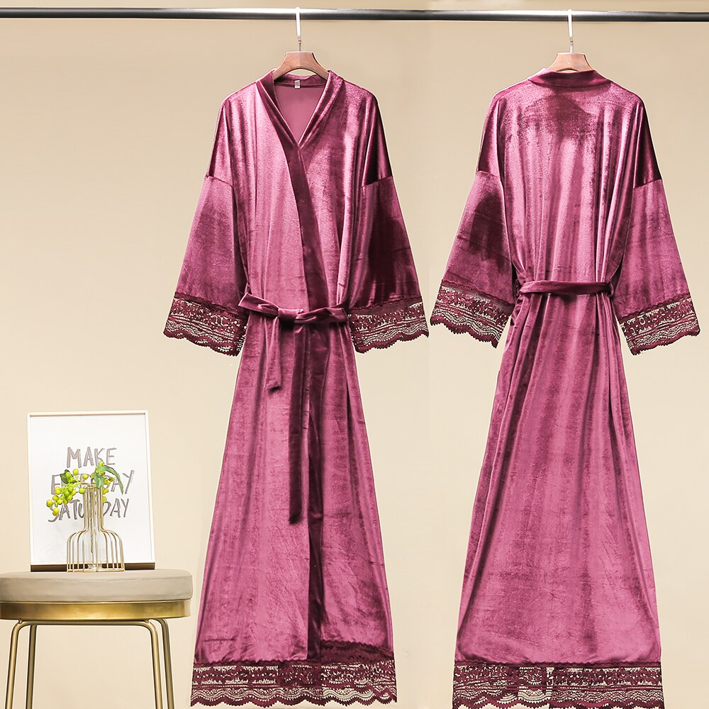 Długi jednokolorowy aksamitny szlafrok dla kobiet szata druhna szaty koronki wykończenia aksamitna szlafrok kimono suknia ślubna czarny aksamit winterrobe: purpurowy
