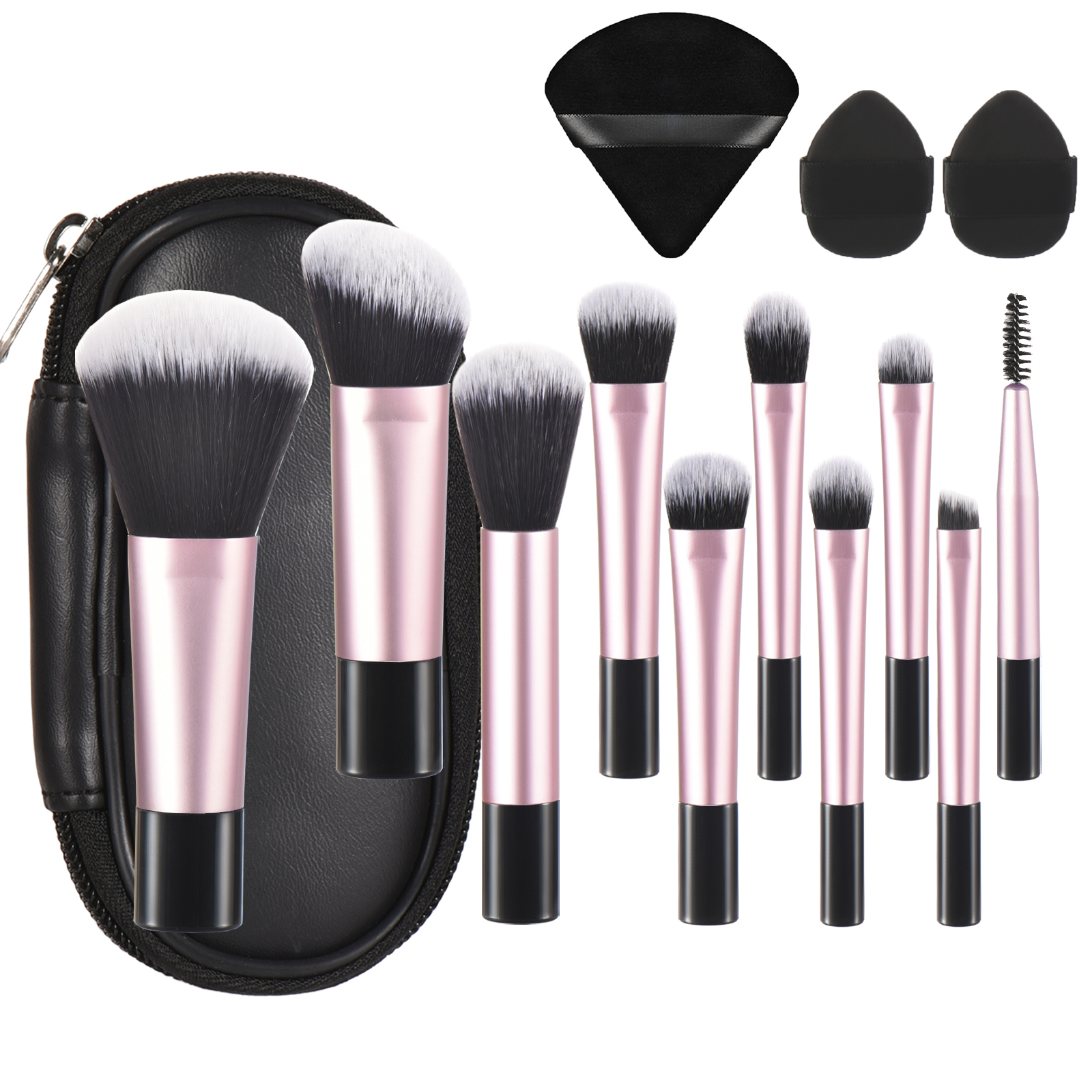 10 Mini brocha de maquillaje negra, herramienta de maquillaje portátil de viaje, esponja de maquillaje, brocha de palma, juego de herramientas de maquillaje: Plata