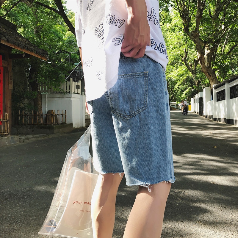 Harajuku sommer menn fritidsshorts denim herre kort hull rett løs tynn knapplomme mannlig koreansk stil trendy