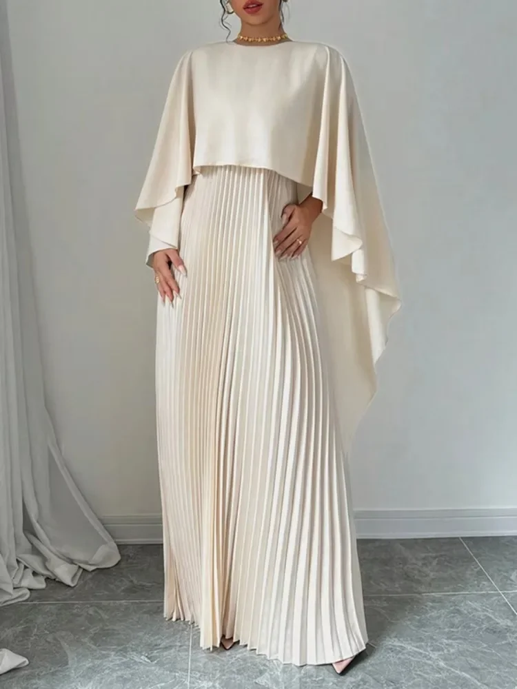 Neue Weibliche Stilvolle High-Low Party Abend Maxi Kleider Frühling Herbst Cape Ärmeln Einfarbig Gefaltetes Langes Kleid