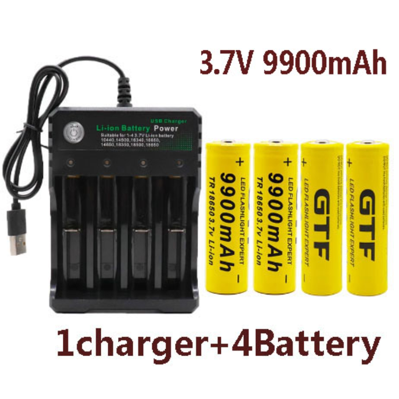 GTF 18650 Original Lithium-ion Battery, 18650 Rechargeable Flashlight, 3.7 V, 9900 MAh for Flashlight+USB Charger