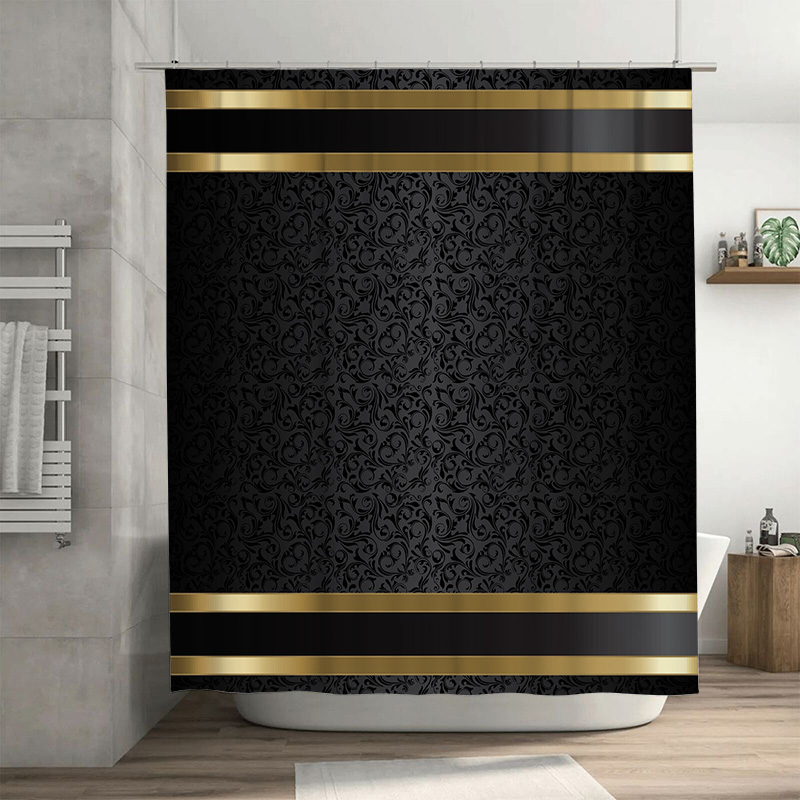 Juego de baño de lujo negro y dorado: cortina de ducha, alfombrillas de baño antideslizantes y cubierta de inodoro, decoración moderna (4 piezas)