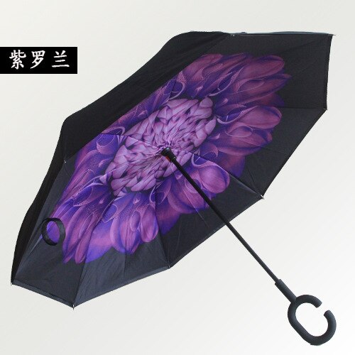 Gancho C, a prueba de viento paraguas inversa vástago largo invertida doble capa soporte autónomo protección contra la lluvia paraguas de la gota: violet