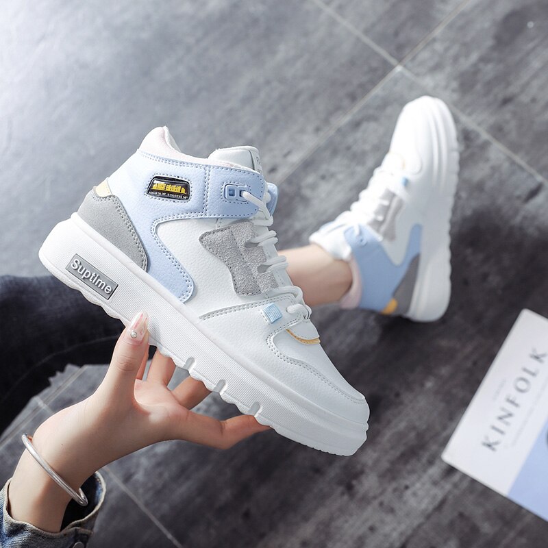 Women Platform Sneakers Korean PU Leather Trainers Womens Chunky Sneakers Tenis Female Spring Lace Up Casual Shoes