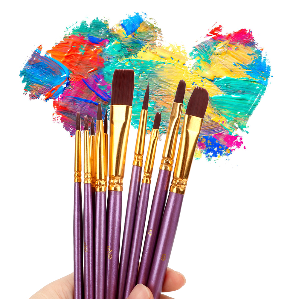 Oil Painting Brushes Acrylic Drawing Art Supplies Artist Paint Brush Set Purple Nylon Hair Watercolor 10Pcs/Set