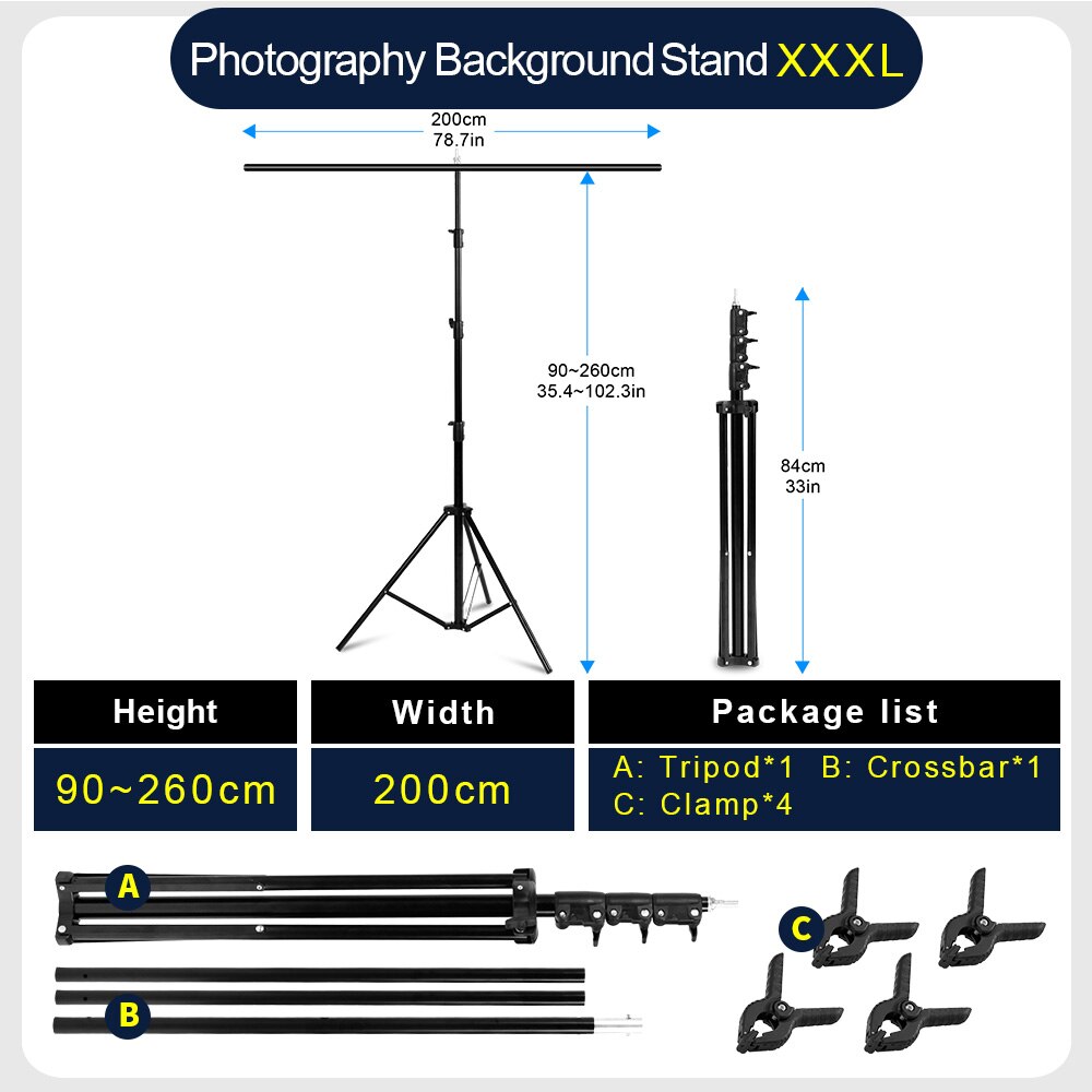 Professionele Fotografie Foto Achtergrond Staat T-Vorm Achtergrond Frame Ondersteuning Systeem Stands Met Klemmen Voor Video Studio: 200x260 CM