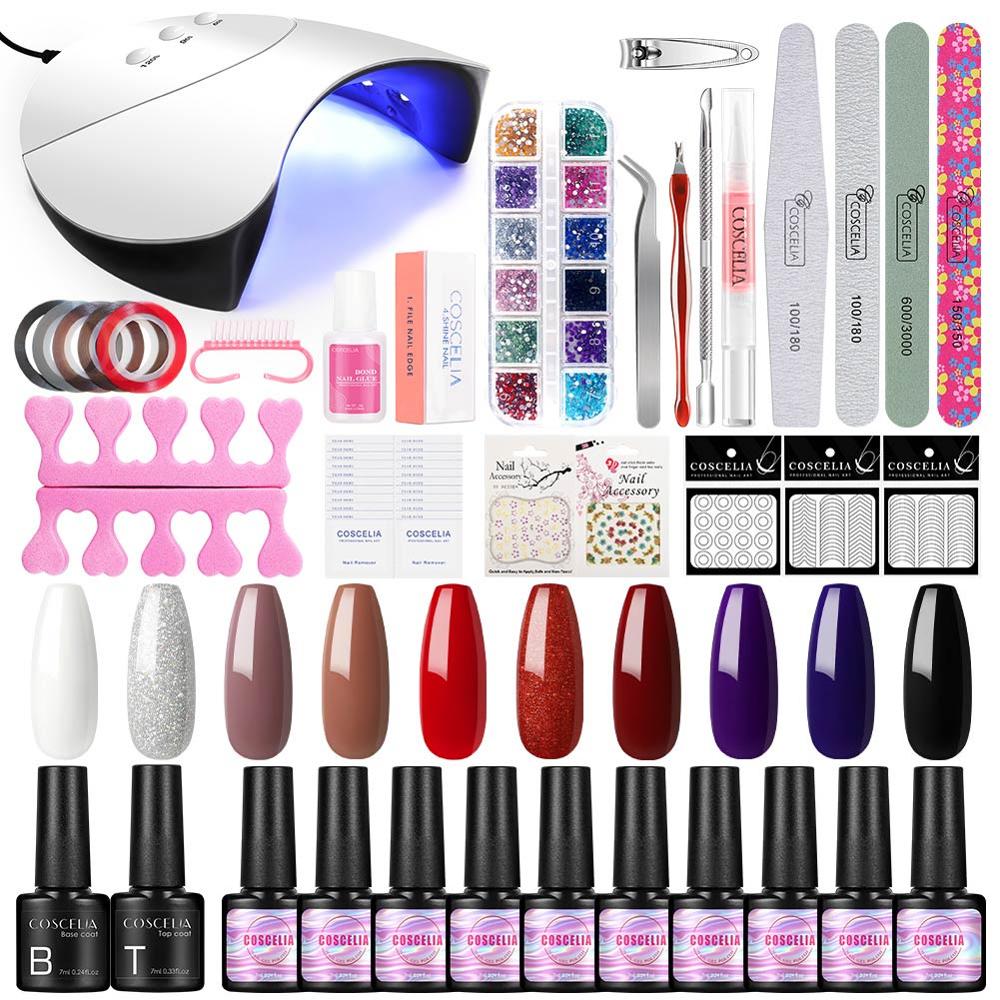 Coscelia neglesæt gel neglelak sæt med 36w uv led lampe 10/20 farver soak off manicure værktøj sæt negle kunst dekorationer: 7ml sæt d