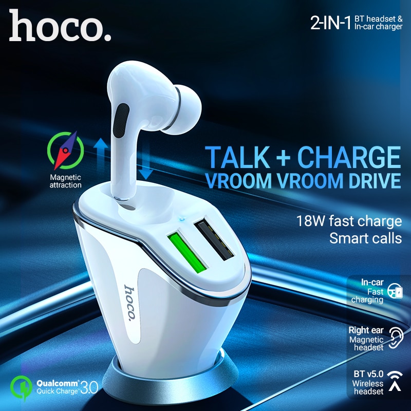 Hoco QC3.0 Autolader 2in1 Draadloze Headset Oortelefoon Met Microfoon Snelle Opladen Dual Usb In-Car Adapter Bt V5.0 handen Gratis