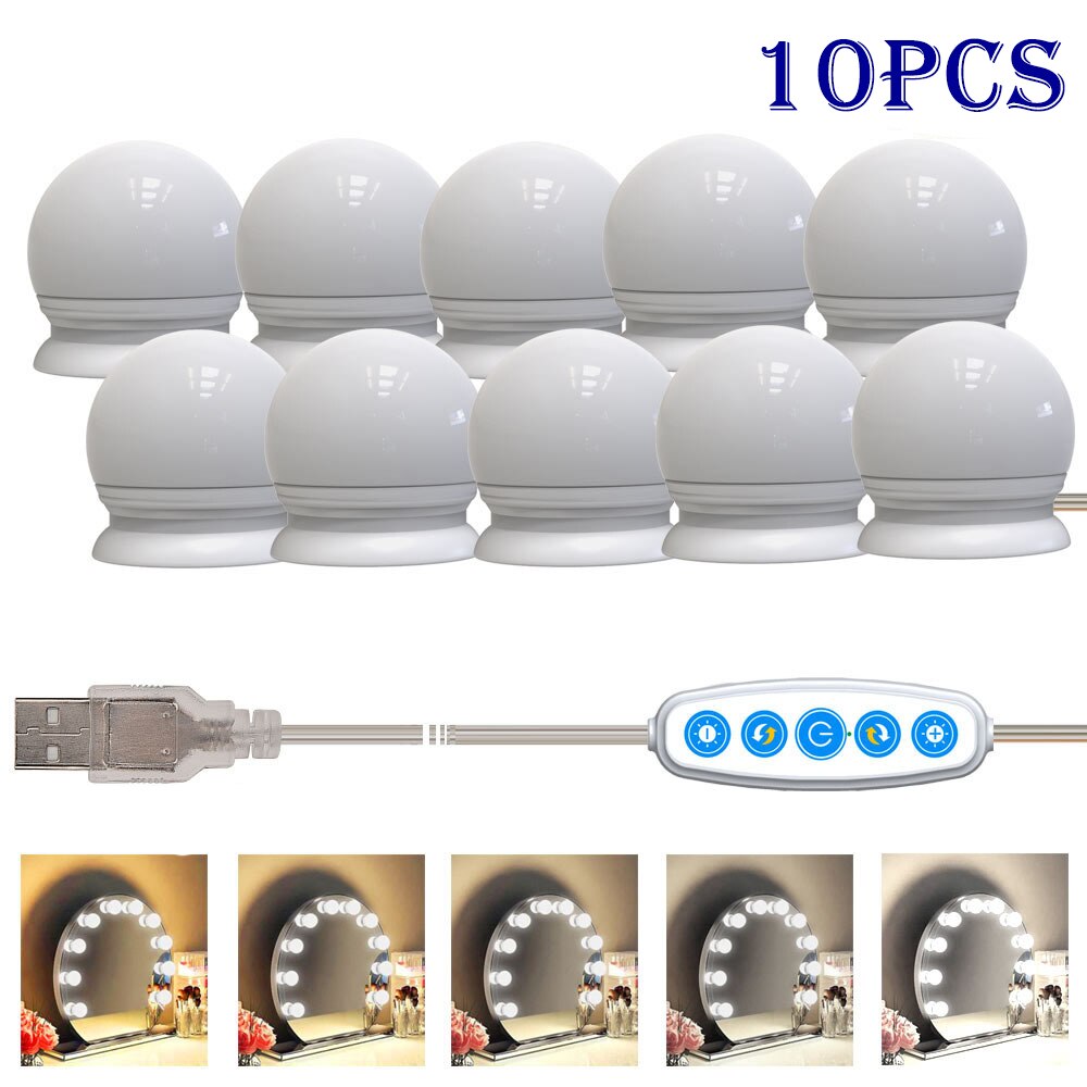 Ampoules LED USB pour miroir de maquillage, lampe murale à intensité variable, pour salle de bain, coiffeuse, 5 couleurs, 10 lumières
