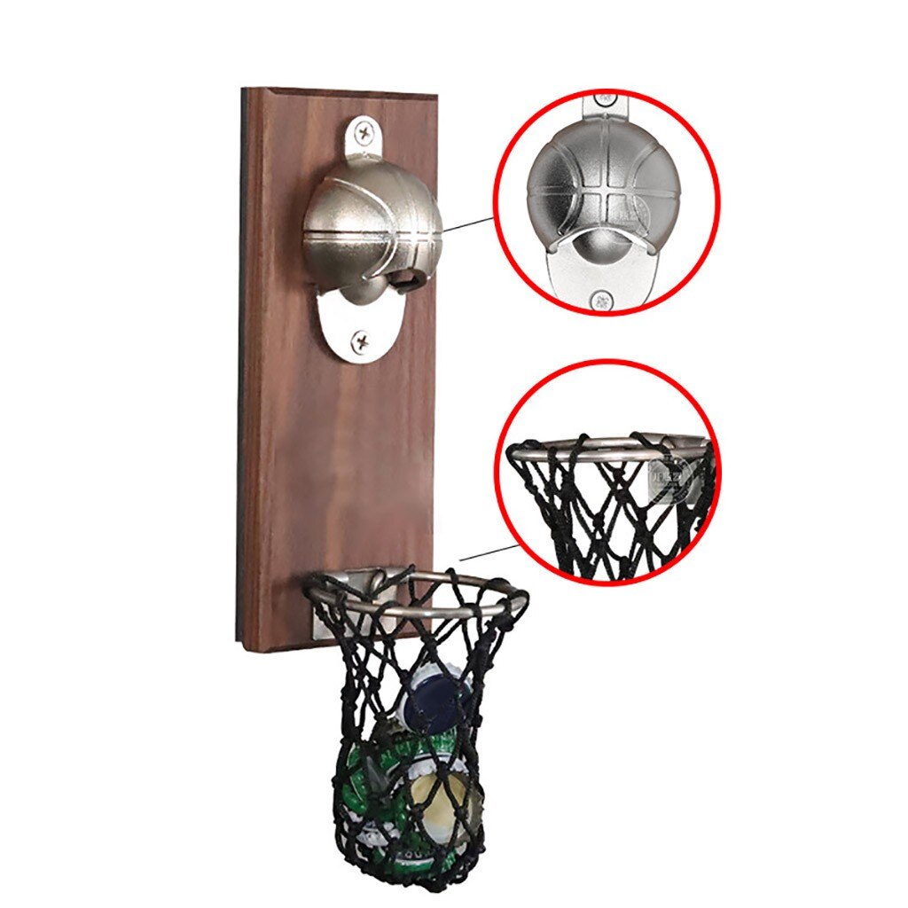 Bottle Opener Wall Mount Bottle Basketball Opener Embedded Magnetic Cap Catcher Solid Wood Fridge Bar Basketball Opener