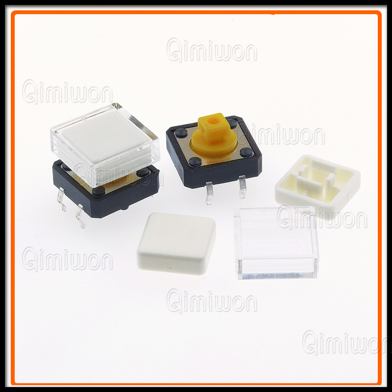 10 Stuks B3f Tactiele Drukknopschakelaar + A14 Kleur Hoed 10 Stuks + Transparante Dop 10 Stuks Kortstondige Tact Touch Microschakelaar 12*12*7.3Mm: WHITE