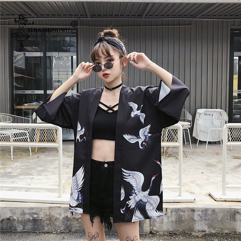 Kimono Yukata Women Harakuju Vintage Cartoon Print Kimono Cardigan Sunscreen Outerwear Travel Thin Asia Cosplay Costume