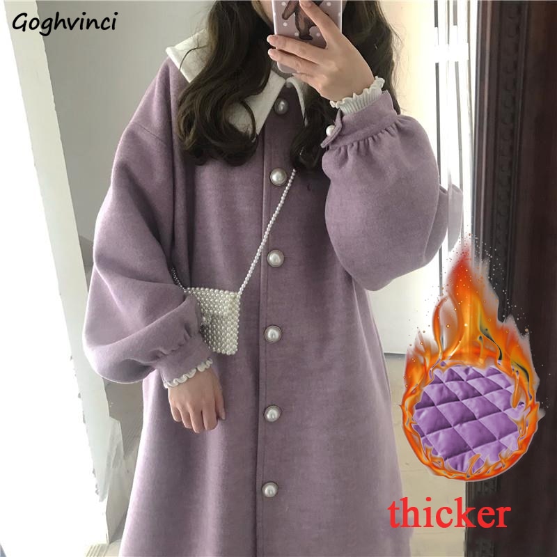 Wolle Frauen Lila Winter Lange Mantel Kawaii Japanischen Stil Schüler Geraffte Laterne Hülse Süße Harajuku Allgleiches Streetwear Mädchen