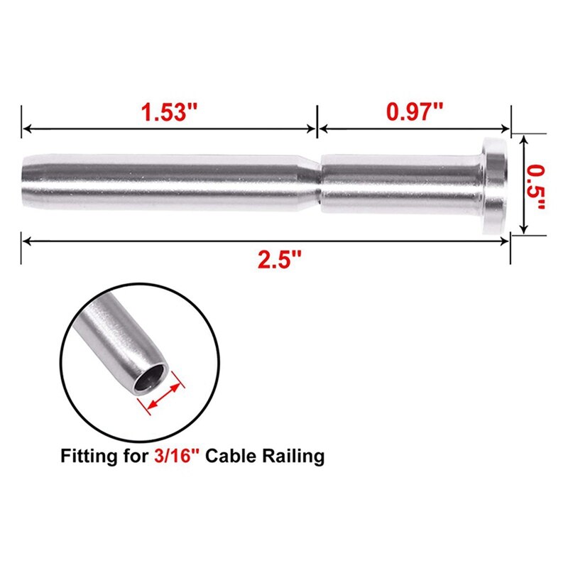 55 stk beskyttelseshylstre i rustfrit stål til 1/8 tommer kabel & 20 stk modtager og swage-stud-ende til 3/16 tommer kabel
