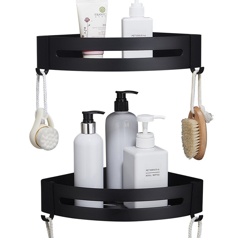 Sans ongles aluminium noir salle de bains cuisine étagère cosmétique Rack dans mur bain coin panier avec crochet salle de bain étagère de rangement